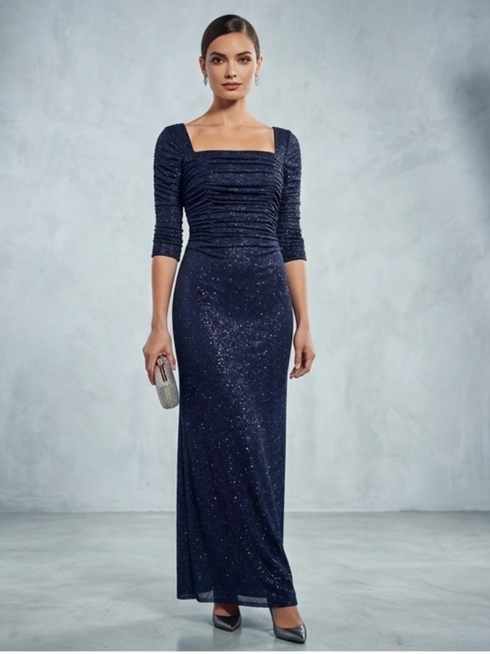 Laundry by Shelli Segal 3/4 Sleeve Glitzy Column Gown Eclipse sz 10 NEIMAN MARCU
